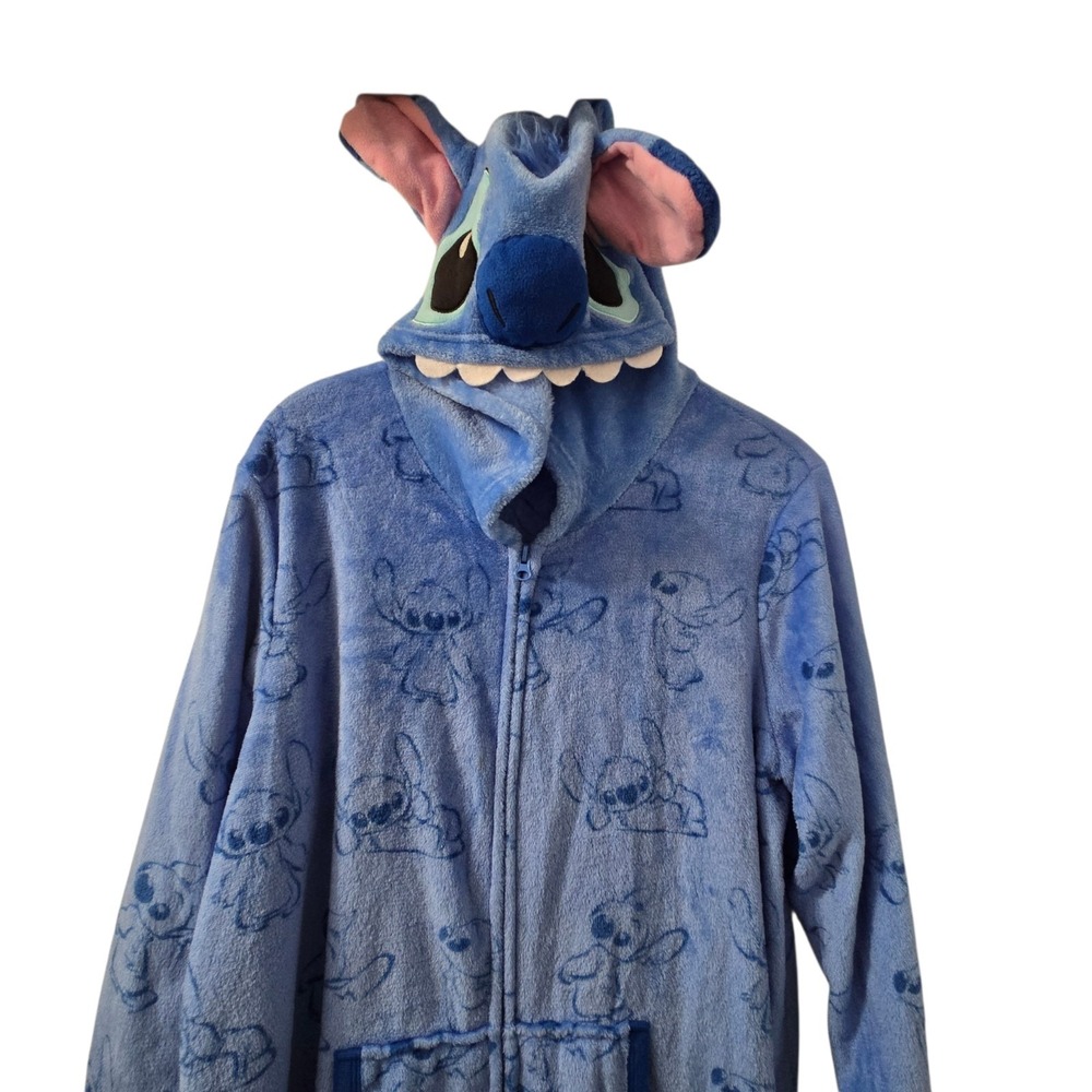 Disney Lilo & Stitch Women's XL Fleece One Piece Pajamas Blue Hooded Zip-Up NWOT